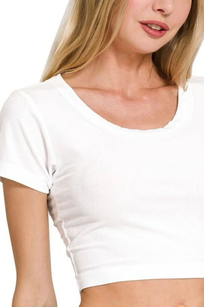 Short Sleeve White Crop Top, Ribbed Scoop Neck - In Style Chics Boutique Women's Juniors Clothes under $20
