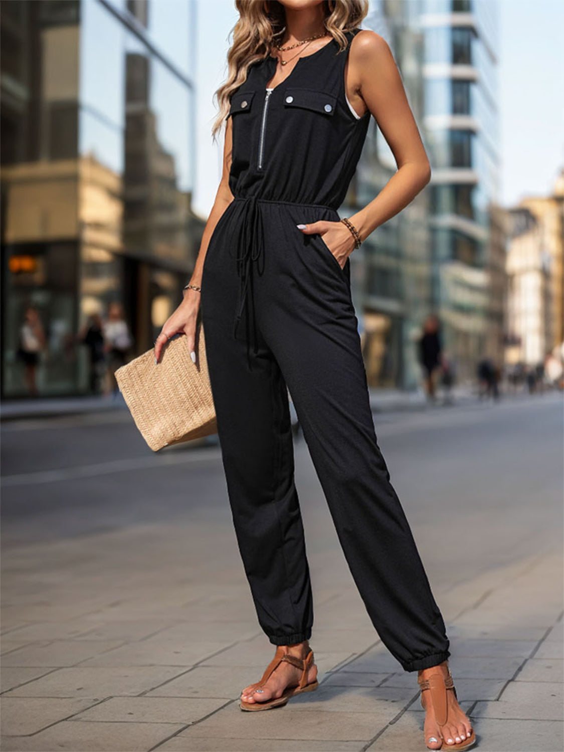 Half Zip Sleeveless Jumpsuit with Pockets - In Style Chics Boutique LLC