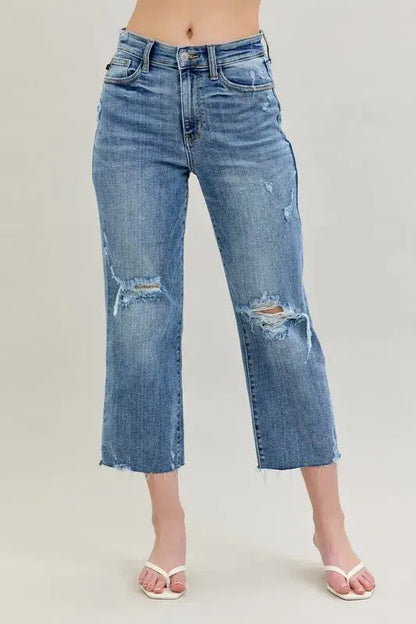 Judy Blue High Waist Destroy Crop Wide Leg Jeans - In Style Chics Boutique Women's Juniors Plus Size Apparel Online 