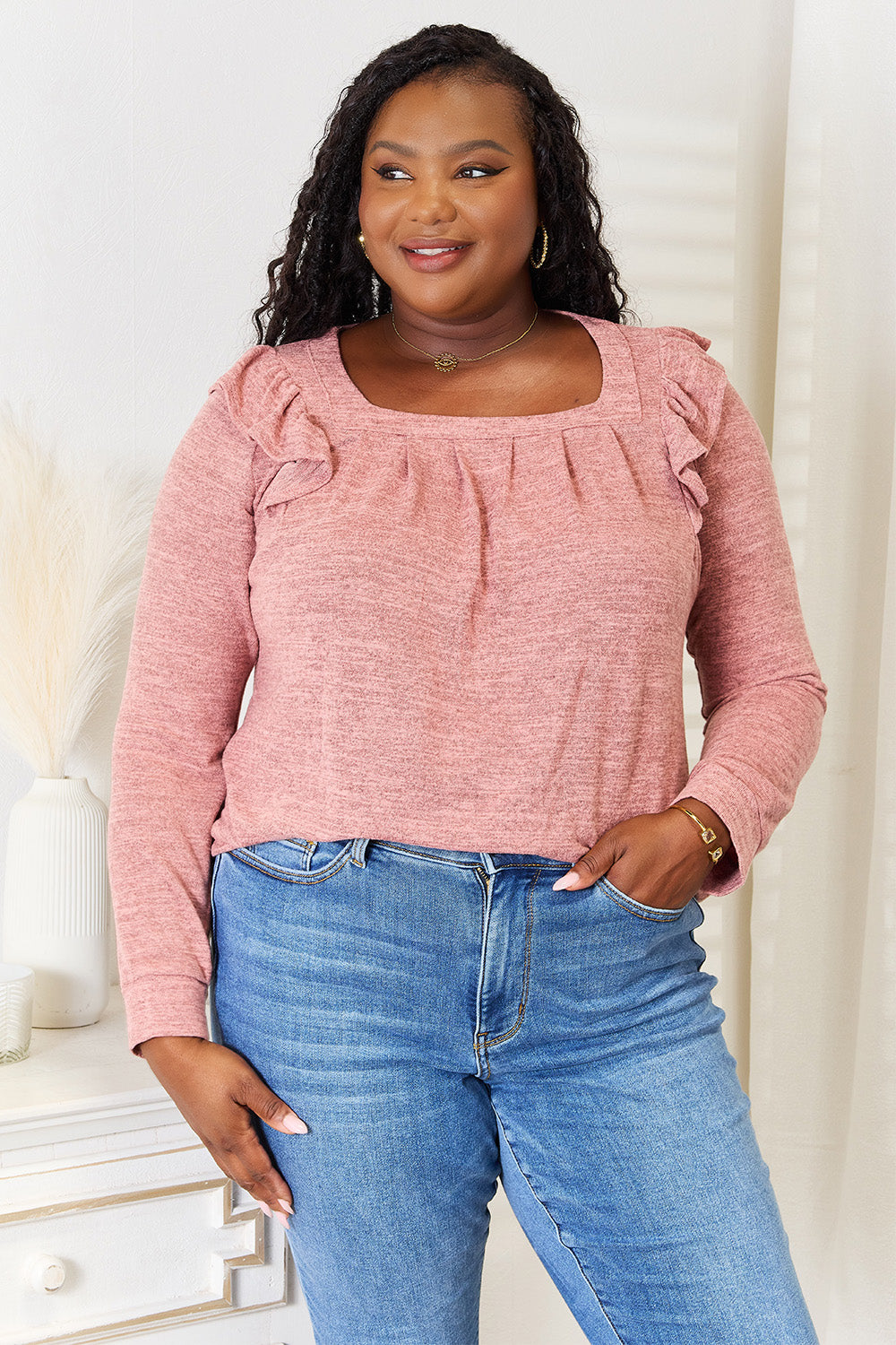 Square Neck Ruffle Shoulder Long Sleeve T-Shirt Shop Deals at In Style Chics Boutique 