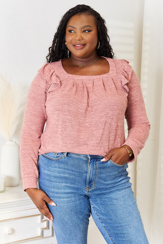 Square Neck Ruffle Shoulder Long Sleeve T-Shirt Shop Deals at In Style Chics Boutique 