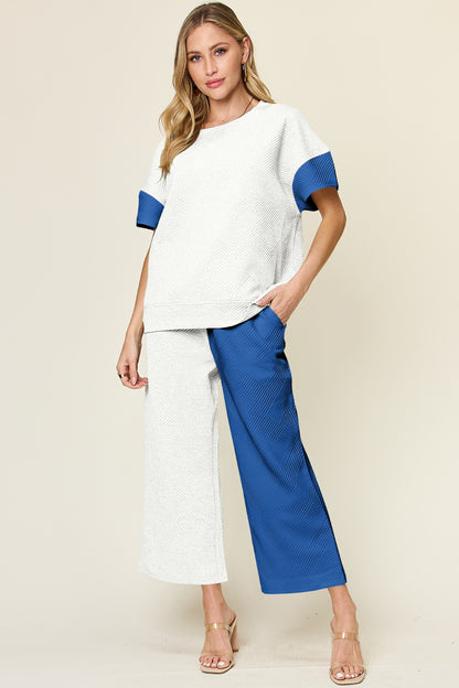 Double Take Full Size Texture Contrast T-Shirt and Wide Leg Pants Set - In Style Chics Boutique LLC