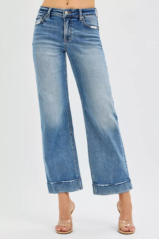RISEN Mid Rise Crop Straight Jeans with Taylor Cuffed at In Style Chics Boutique 