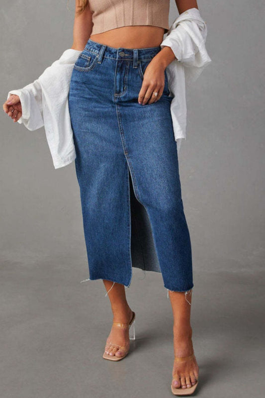 Slit Raw Hem Midi Denim Skirt - In Style Chics Boutique LLC