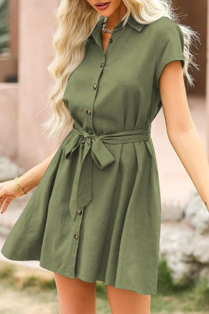 Tied Button Up Short Sleeve Dress - In Style Chics Boutique LLC