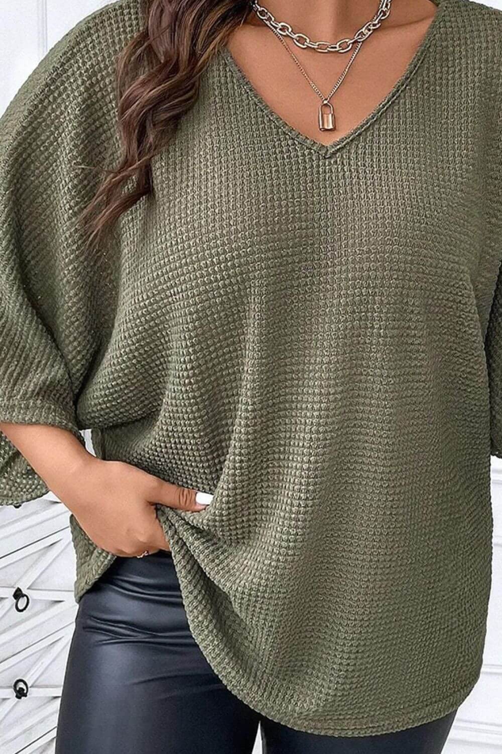 Plus Size Waffle-Knit V-Neck Blouse - In Style Chics Boutique LLC