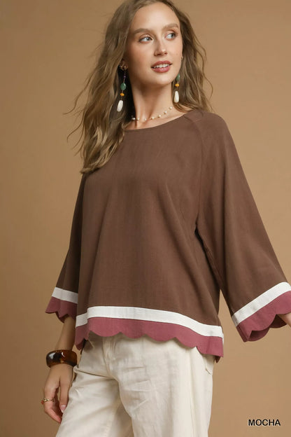 Fall Style Color Block Top, Scalloped Hem at In Style Chics Boutique 