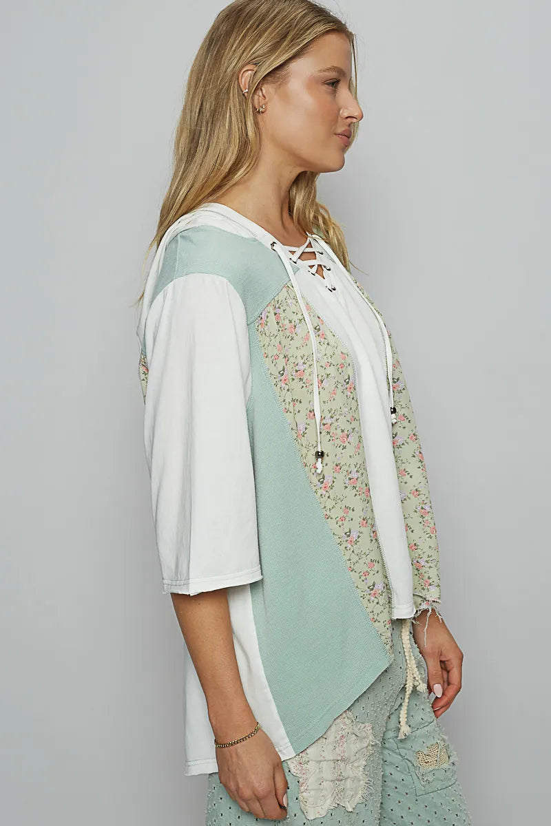 Lace-Up Hooded T-Shirt with Paisley Panel Detail at In Style Chics Boutique 