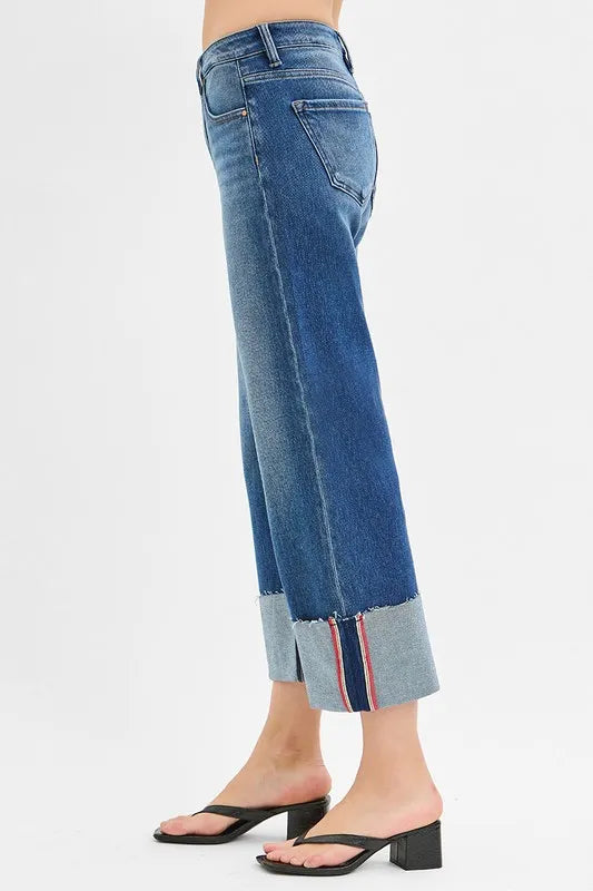 RISEN Cropped Jeans,Wide Leg Cuffed Tummy Control Mid Rise  - In Style Chics Boutique Women's Juniors Plus Size Clothes 