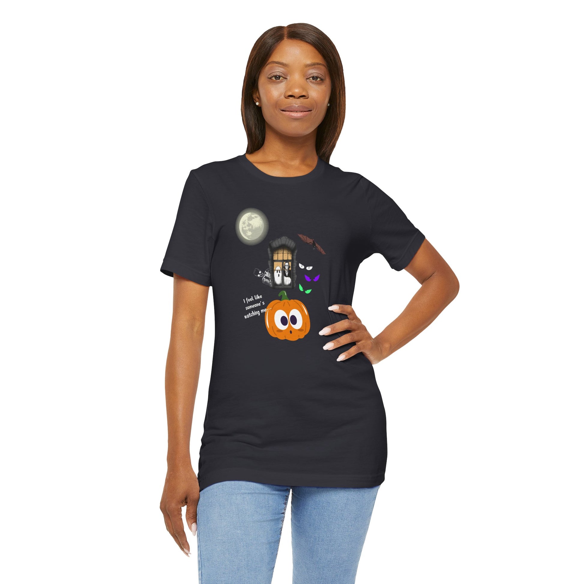 Funny Halloween Tee - "I Feel Like Someone's Watching Me..." With ghost, moon, pumpkin at In Style Chics Boutique by Obsession Expressions