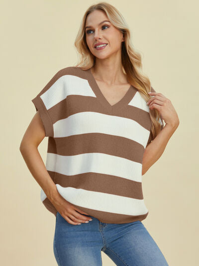 Women's Striped V-Neck Short Sleeve Sweater - In Style Chics Boutique Online Clothing 