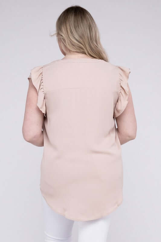 Plus Size High-Low Top, Woven Wool Ruffled Sleeve - In Style Chics Boutique 