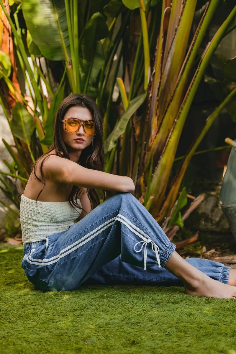 Striped Tape Details With Bot Tied Point Elastic Waist Jeans at In Style Chics Boutique 