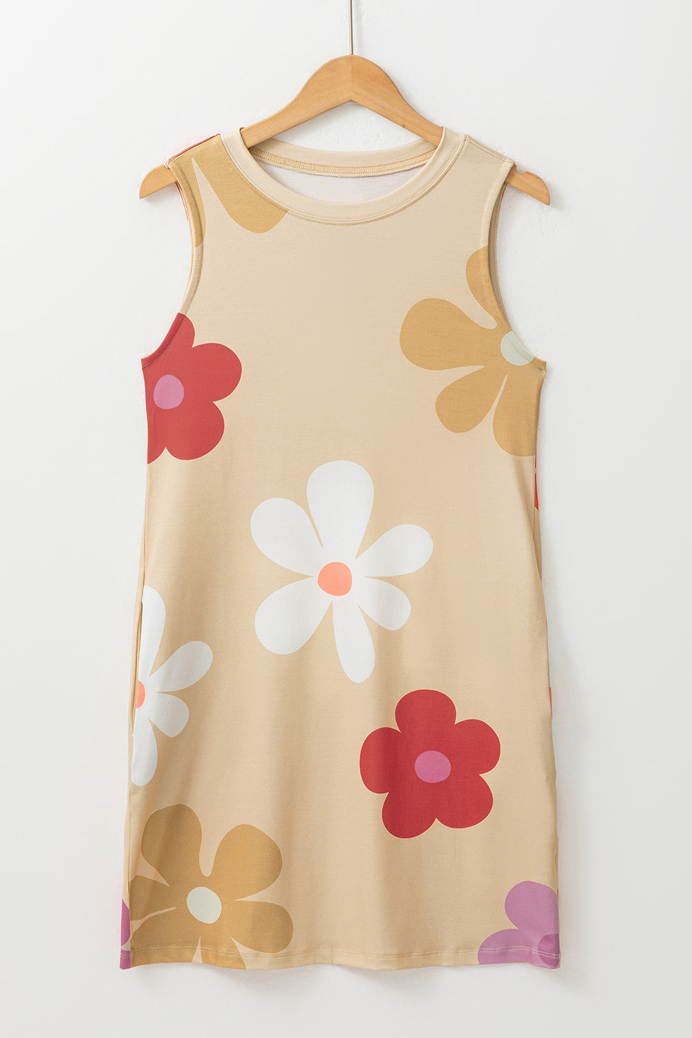 Apricot Flower Print Crew Neck Sleeveless Mini Dress