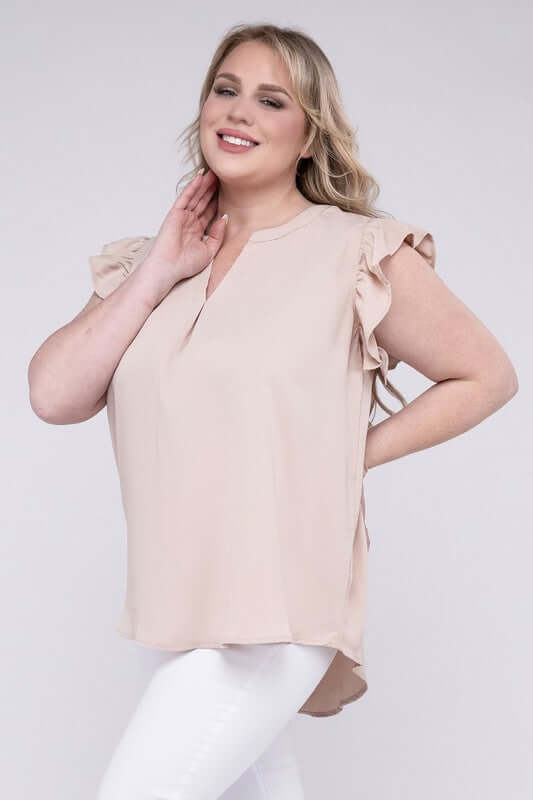 Plus Size High-Low Top, Woven Wool Ruffled Sleeve - In Style Chics Boutique 