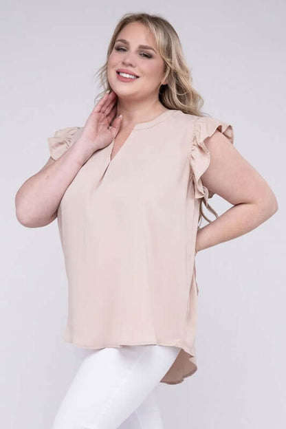 Plus Size High-Low Top, Woven Wool Ruffled Sleeve - In Style Chics Boutique 