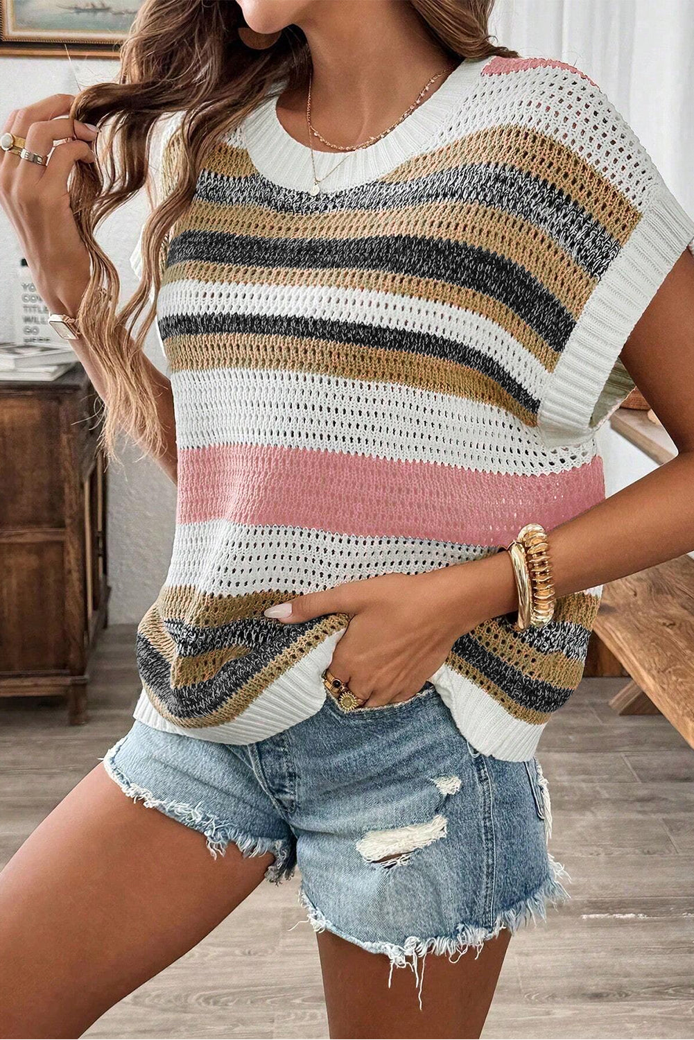 Cute Clothes Online - Stripe Color Block Eyelet Knit Short Sleeve Sweater Tee - In Style Chics Boutique Women's Juniors 