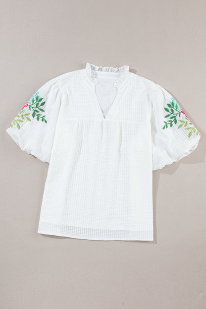 Embroidered Notched Half Sleeve Blouse - In Style Chics Boutique LLC