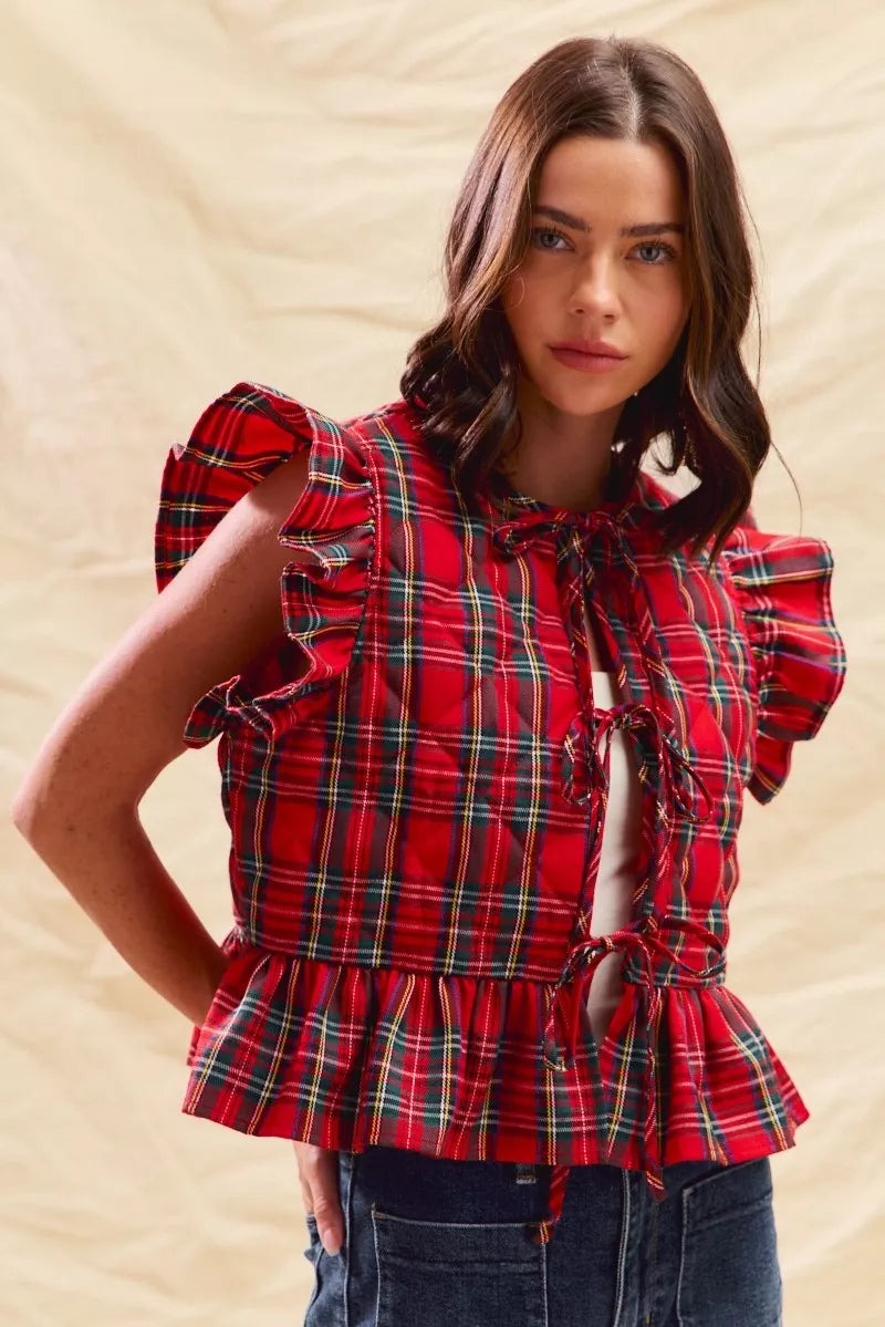 Shop Christmas Holiday Plaid Ruffled Quilt Vest Top at In Style Chics Boutique ❤️ 💚🖤