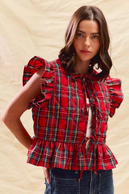Shop Christmas Holiday Plaid Ruffled Quilt Vest Top at In Style Chics Boutique ❤️ 💚🖤
