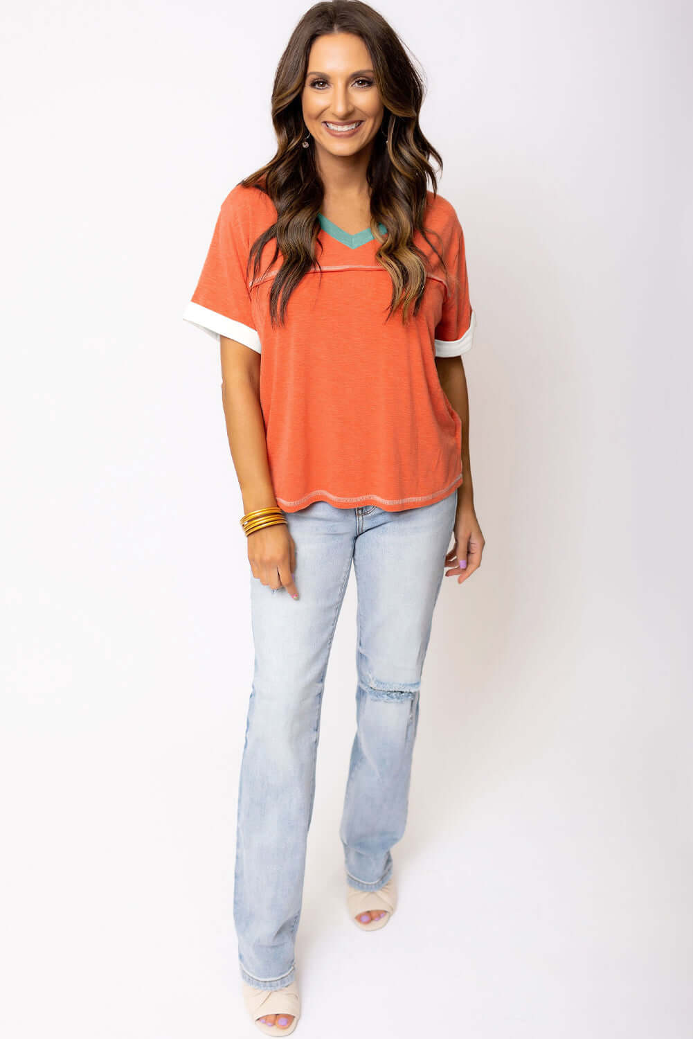 Grapefruit Orange Contrast Trim Exposed Seam V Neck T Shirt - In Style Chics Boutique Cute Clothes Online Women's Juniors 