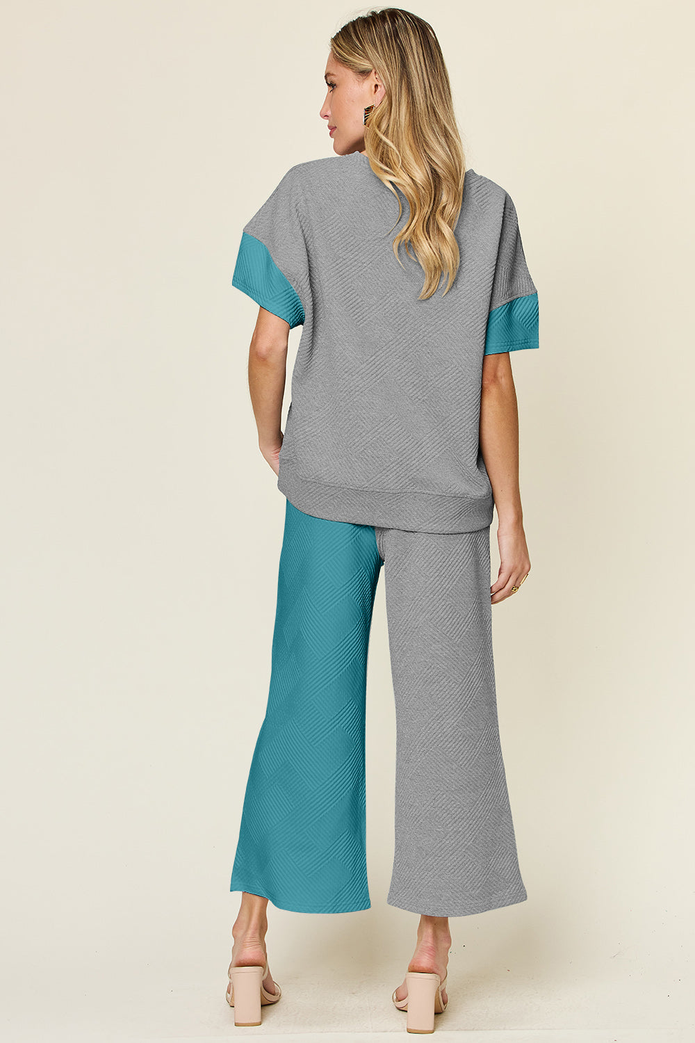 Double Take Full Size Texture Contrast T-Shirt and Wide Leg Pants Set - More Colors! - In Style Chics Boutique LLC