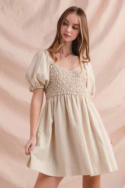 Textured Woven Daily Dress with Puff Sleeves at In Style Chics Boutique 