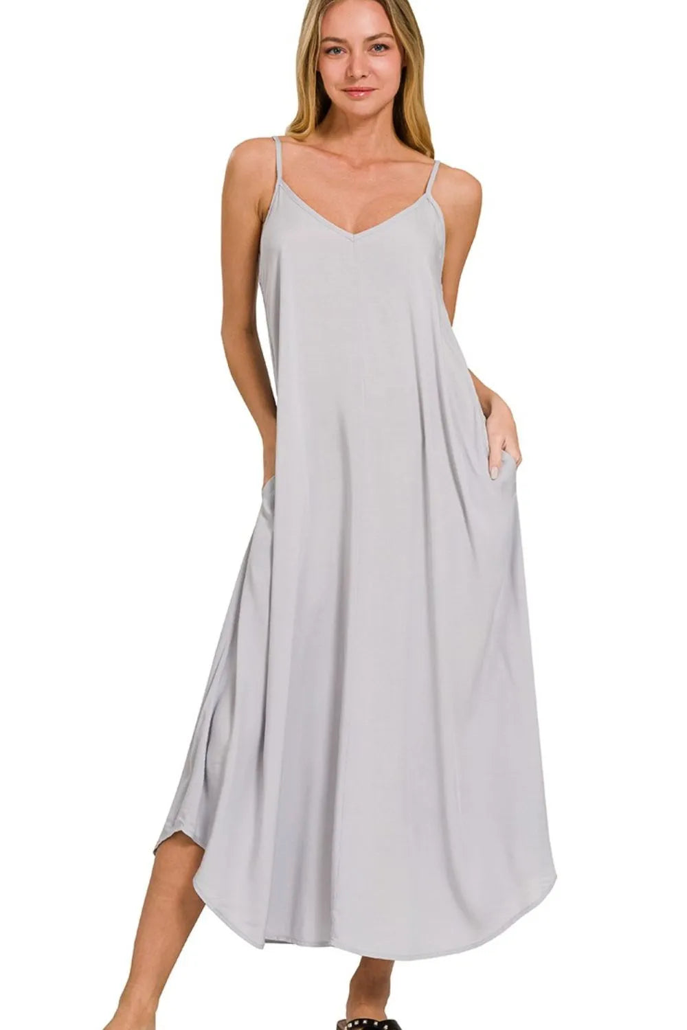 Cami Dress With Flowy Pockets, Woven Arc Hem - In Style Chics Boutique Cute Summer Clothes 