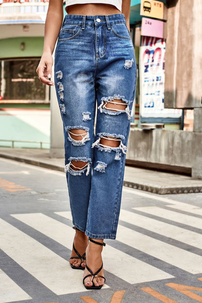 Distressed High Waist Straight Jeans - In Style Chics Boutique LLC