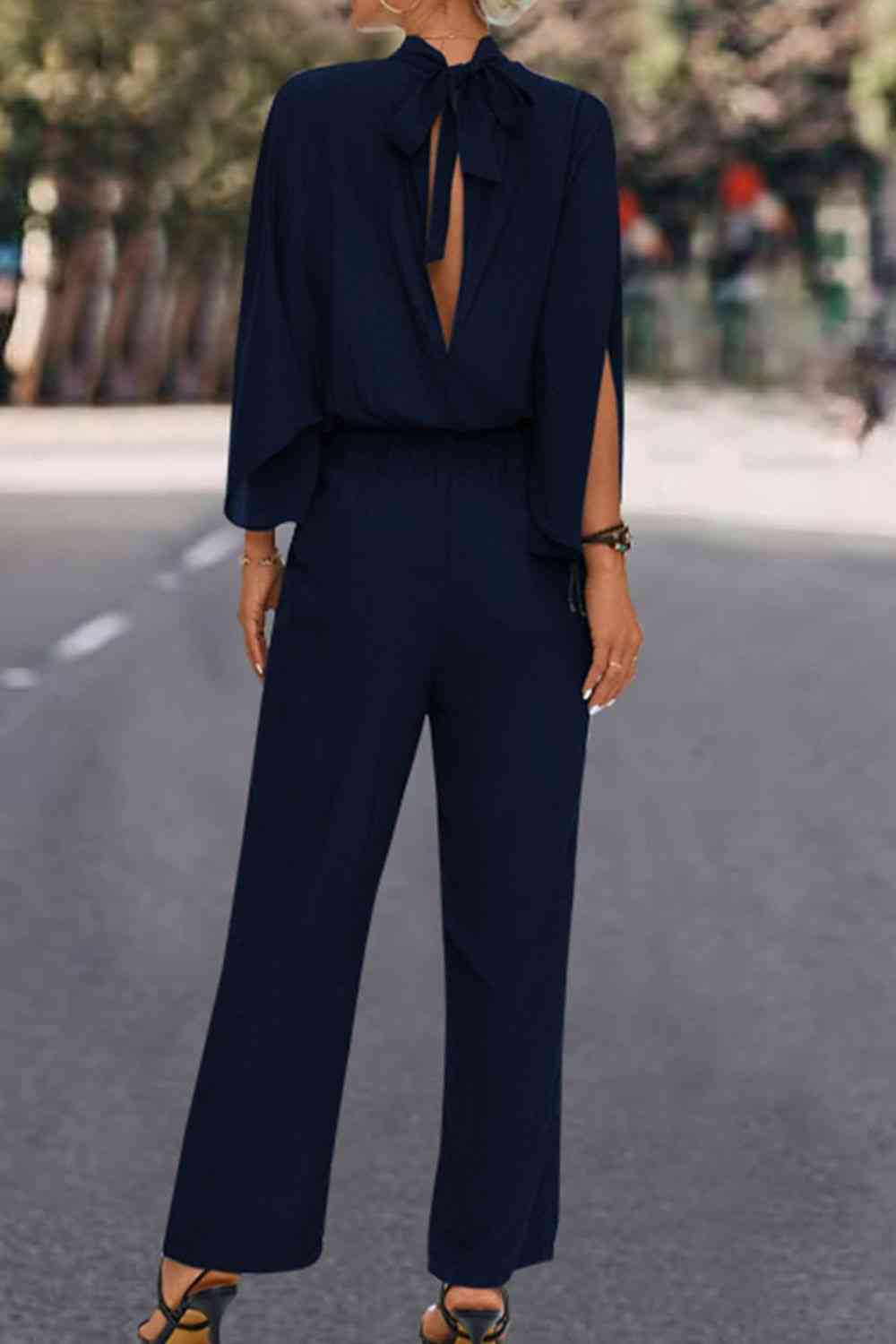 Tie Back Mock Neck Split Sleeve Jumpsuit - In Style Chics Boutique