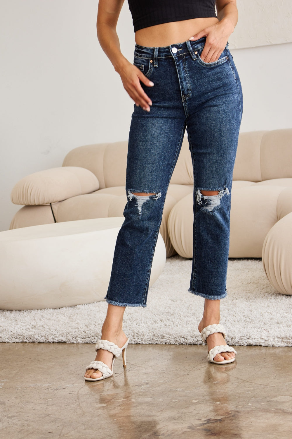 RFM Crop Dylan Full Size Tummy Control Distressed High Waist Raw Hem Jeans - In Style Chics Boutique LLC