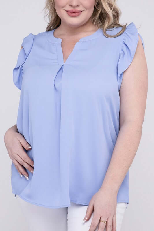 Plus Size High-Low Top, Woven Wool Ruffled Sleeve - In Style Chics Boutique 