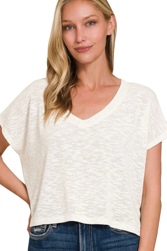 Crop Top, Hacci Slub V-neck Drop Shoulder  - In Style Chics Boutique 