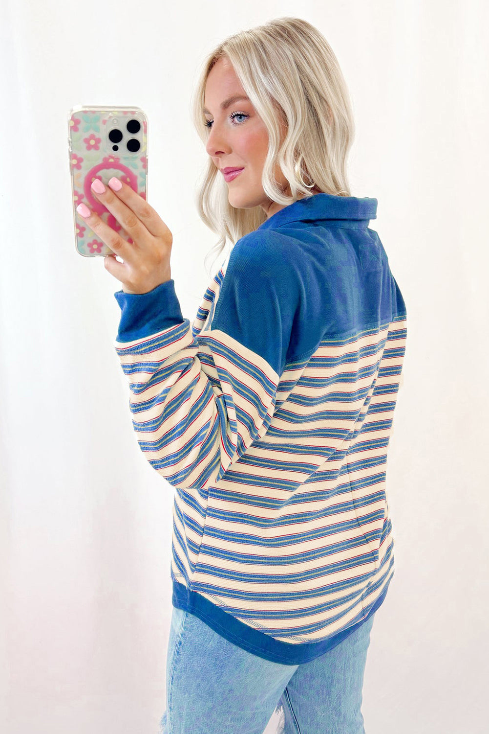 Stripe Collared V Neck Drop Shoulder Top