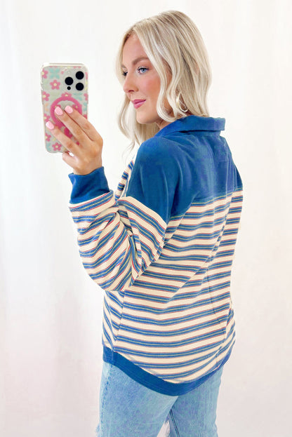 Stripe Collared V Neck Drop Shoulder Top