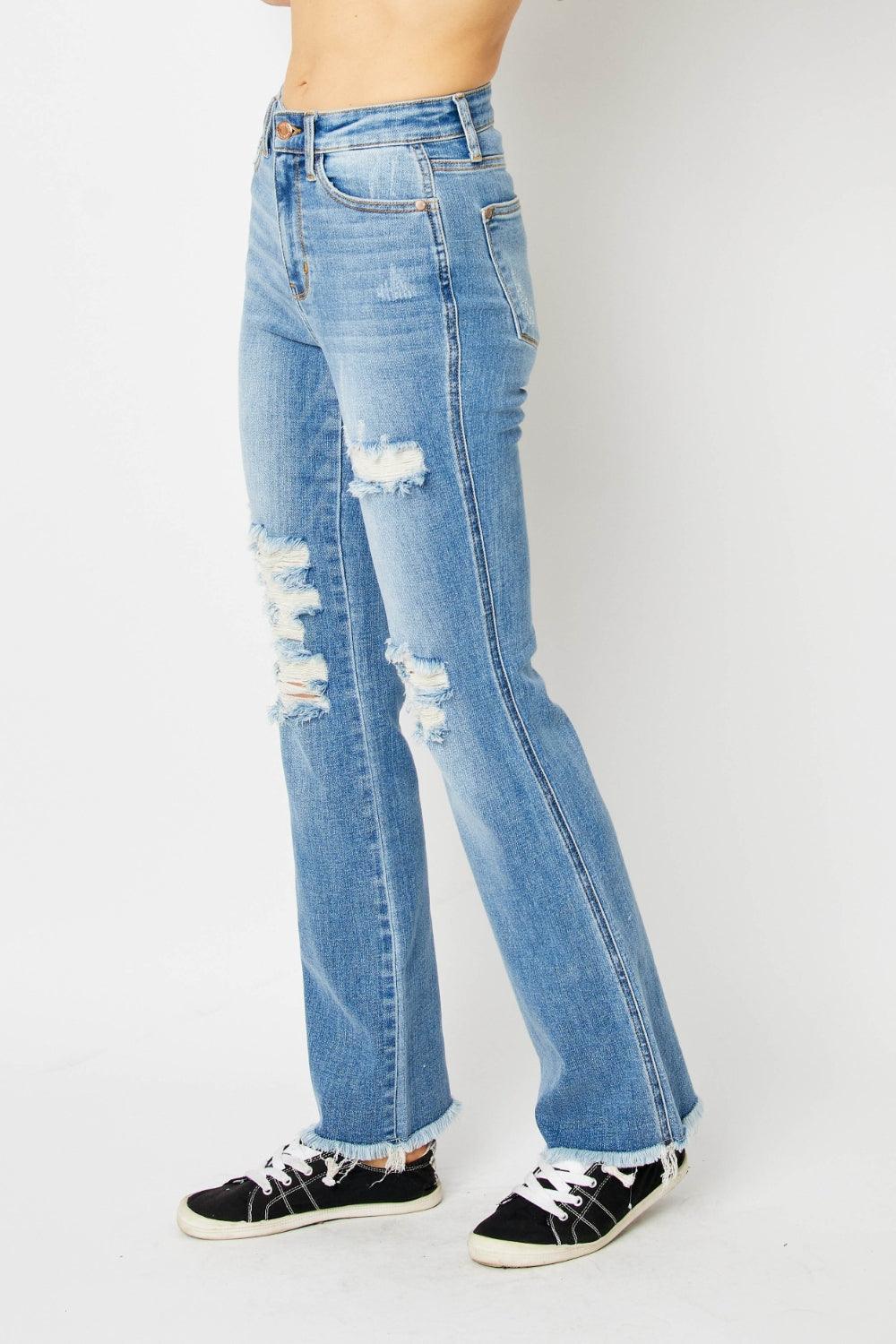 Judy Blue Full Size Distressed Raw Hem Bootcut Jeans - In Style Chics Boutique LLC