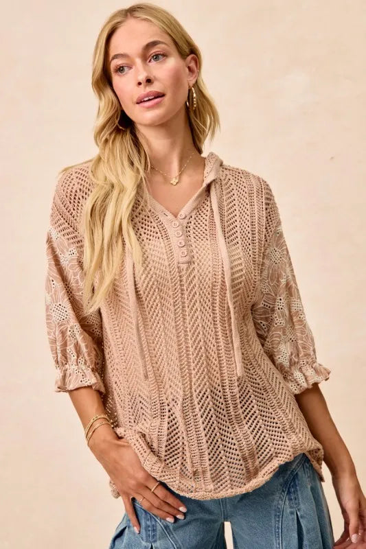 Jacquard Flower Puff Sleeve Hooded Knit Top at In Style Chics Boutique 