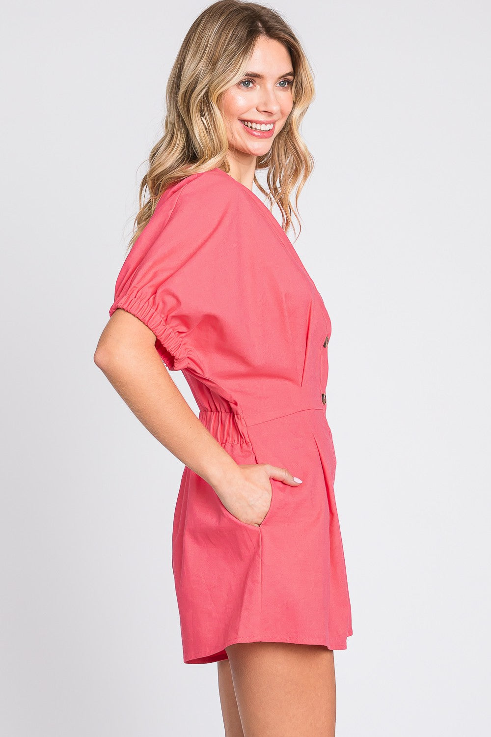 GeeGee Half Button V-Neck Linen Romper - In Style Chics Boutique LLC