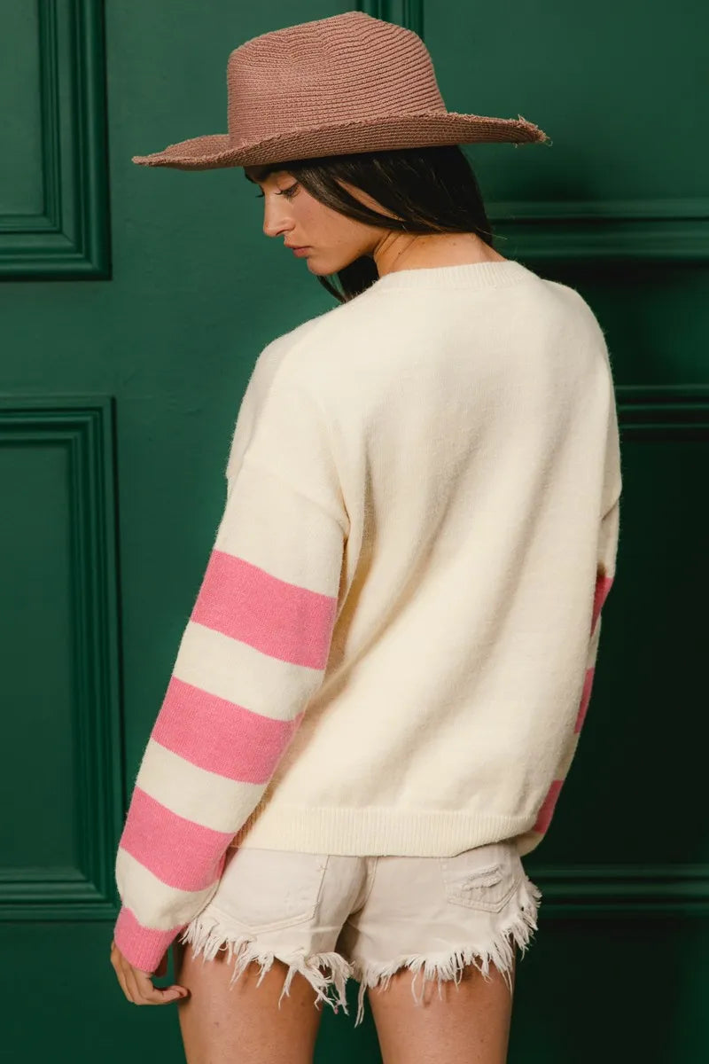 Colorful Floral Patched Sweater with Striped Sleeve at In Style Chics Boutique 