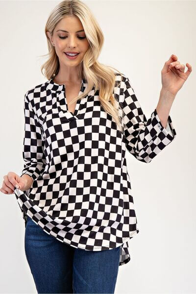 Curved Hem Checkered Notched Blouse - In Style Chics Boutique 