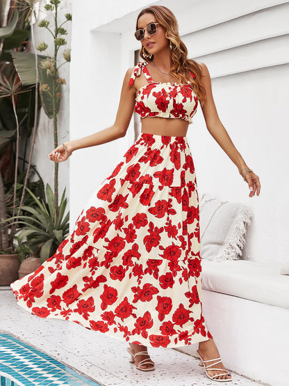 Floral Tie Shoulder Top and Tiered Maxi Skirt Set - In Style Chics Boutique LLC