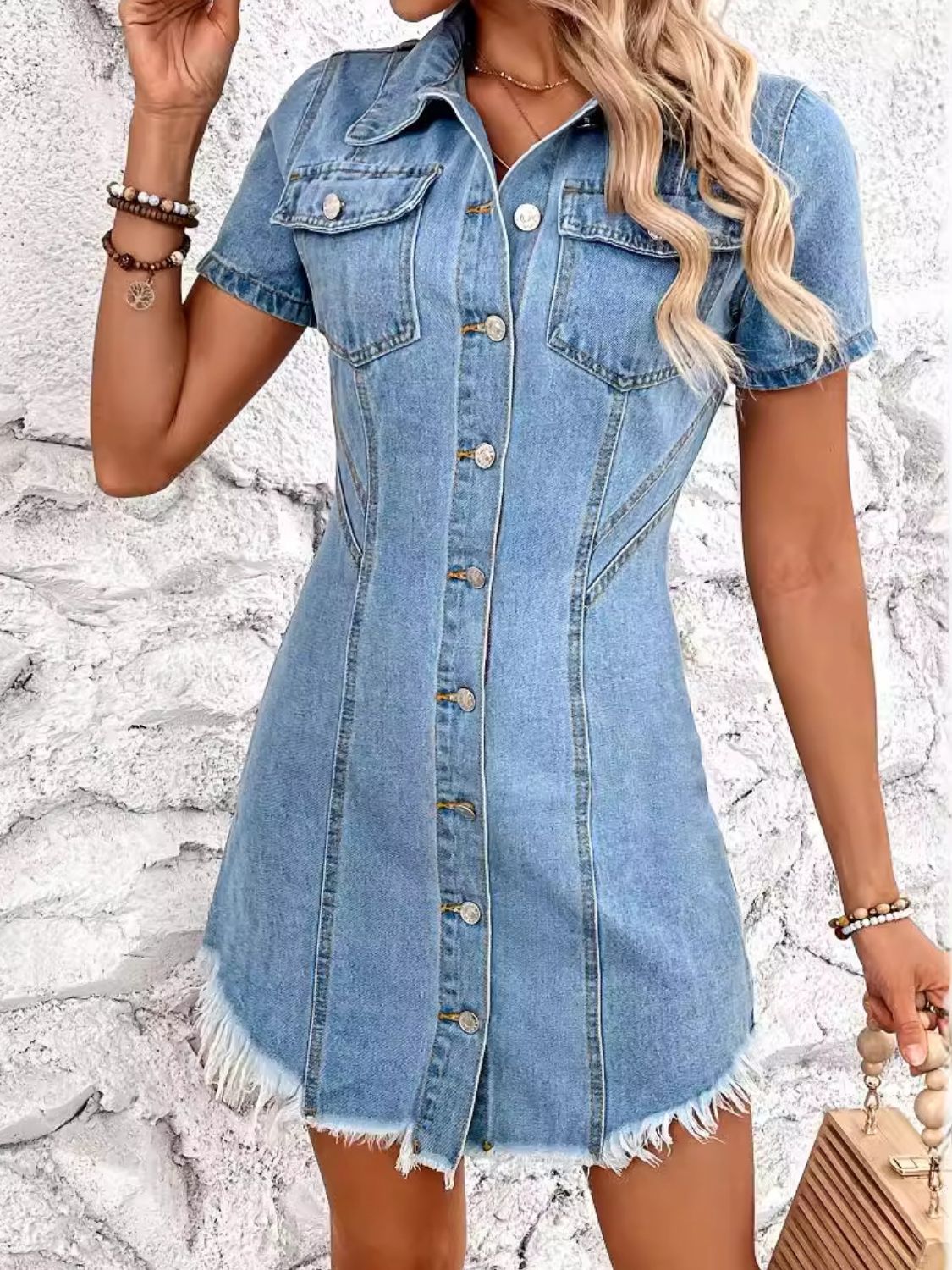 Raw Hem Button Up Short Sleeve Denim Dress - In Style Chics Boutique LLC