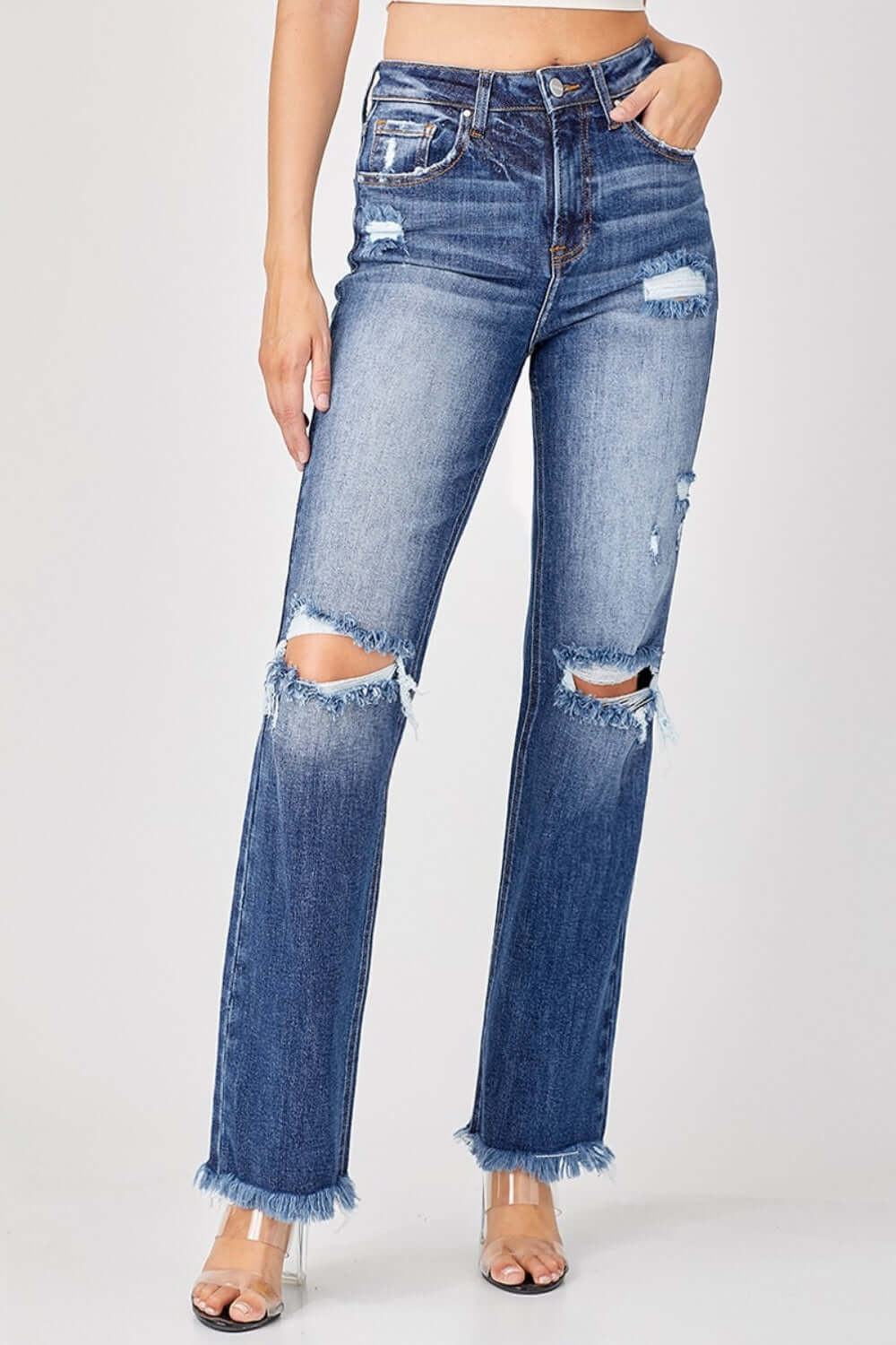 Risen Full Size Raw Hem Distressed Straight Jeans - In Style Chics Boutique LLC