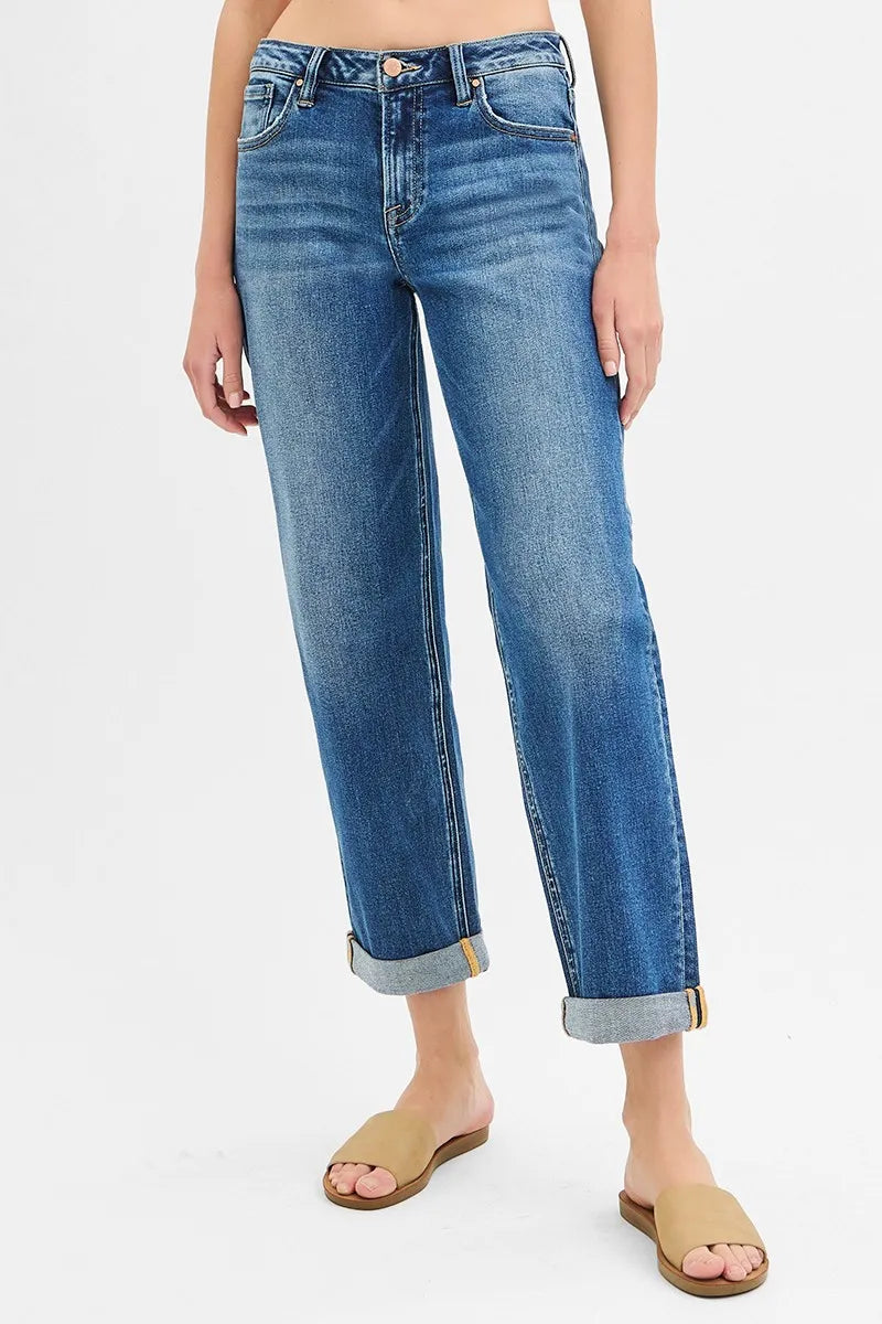 RISEN Mid Rise Boyfriend Roll Up Jeans - In Style Chics Boutique 