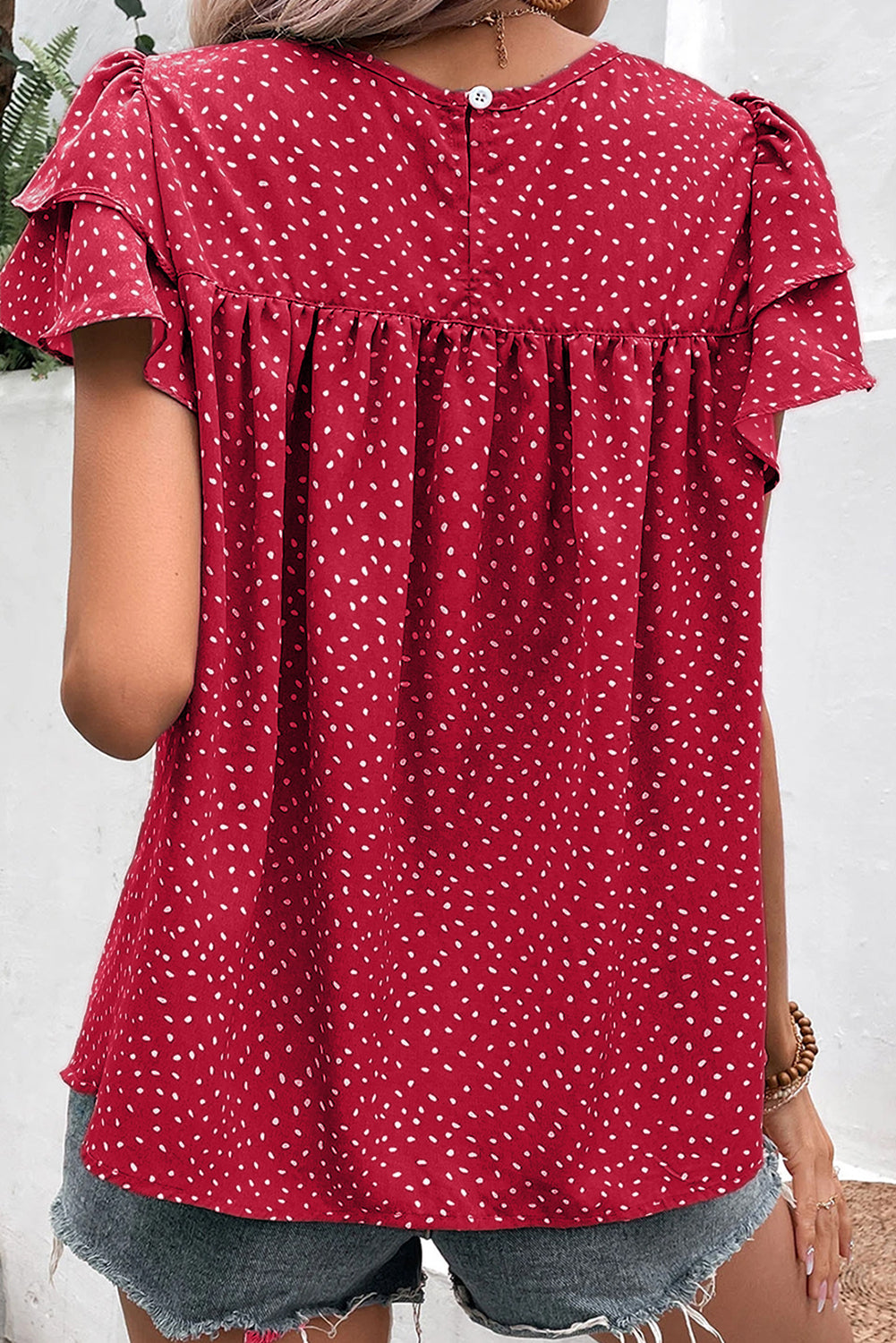 Laurel Green Spotted Print Pleated Ruffle Sleeve Blouse - In Style Chics Boutique Online Clothing Women's Juniors Free Shipping