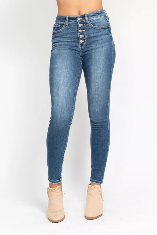 Judy Blue High Rise Button Fly Skinny Jeans at In Style Chics Boutique plus size jeans 