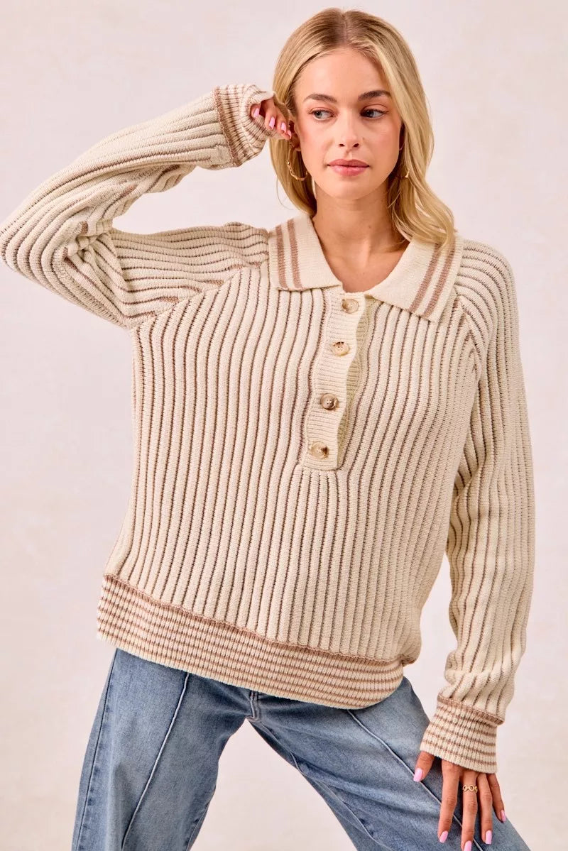 Half Button Ribbed Two Tone Sweater at In Style Chics Boutique 