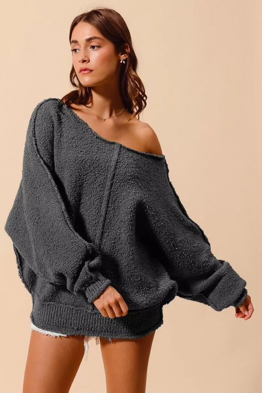 Loose Fit Exposed Seam Slouchy Boucle Sweater 🩶 at In Style Chics Boutique 