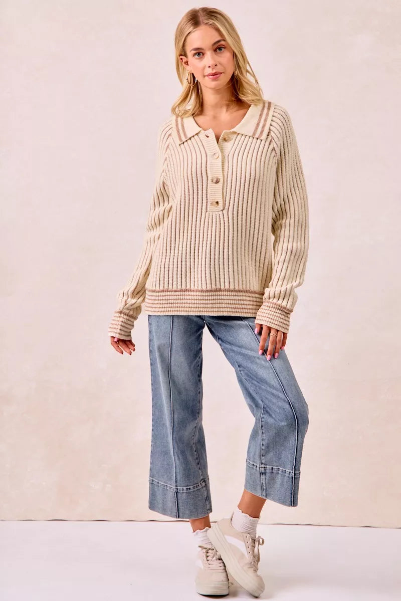 Half Button Ribbed Two Tone Sweater at In Style Chics Boutique 