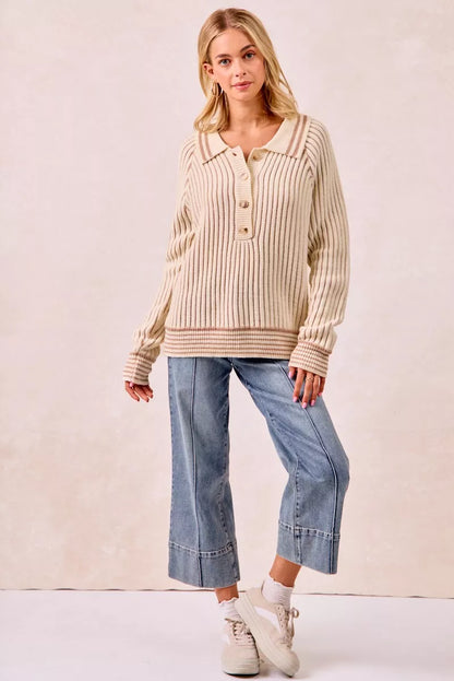 Half Button Ribbed Two Tone Sweater at In Style Chics Boutique 